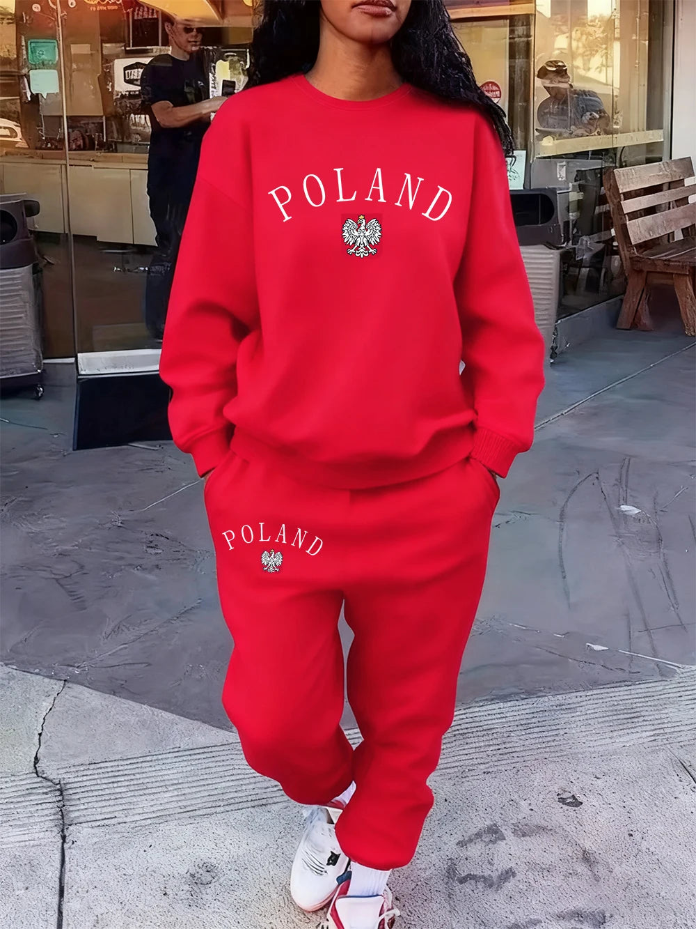 2 Pcs Hoodie Set Womens Poland Letter Print Sweatpants Sporty Pocket Loose Sweatshirt Jogging Outfits Autumn Fleece Warm Clothes