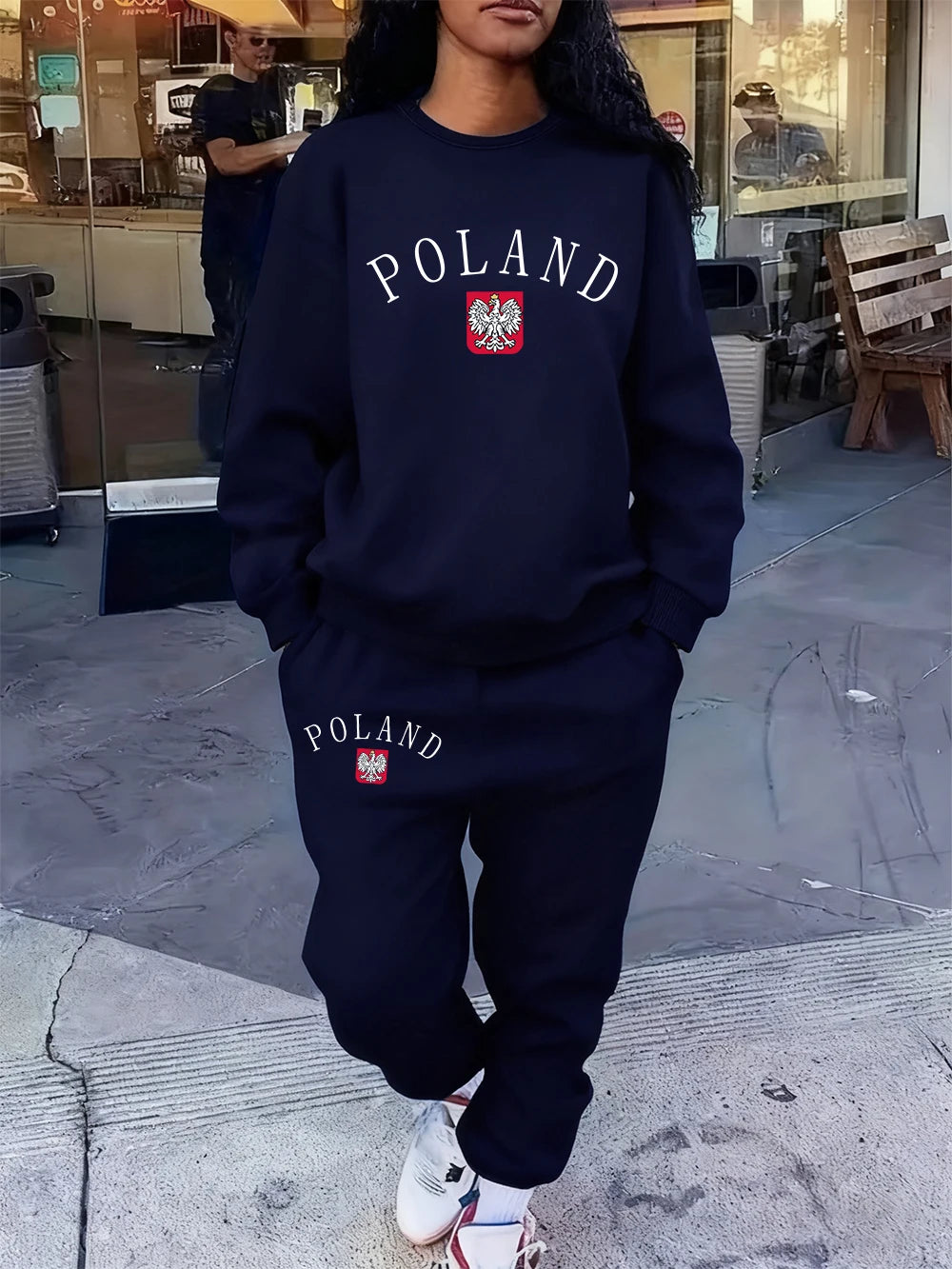 2 Pcs Hoodie Set Womens Poland Letter Print Sweatpants Sporty Pocket Loose Sweatshirt Jogging Outfits Autumn Fleece Warm Clothes