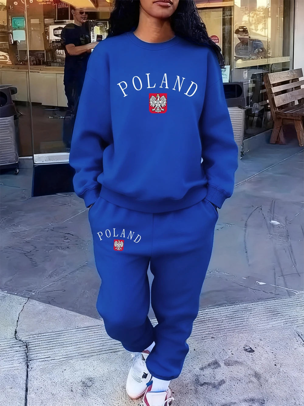 2 Pcs Hoodie Set Womens Poland Letter Print Sweatpants Sporty Pocket Loose Sweatshirt Jogging Outfits Autumn Fleece Warm Clothes