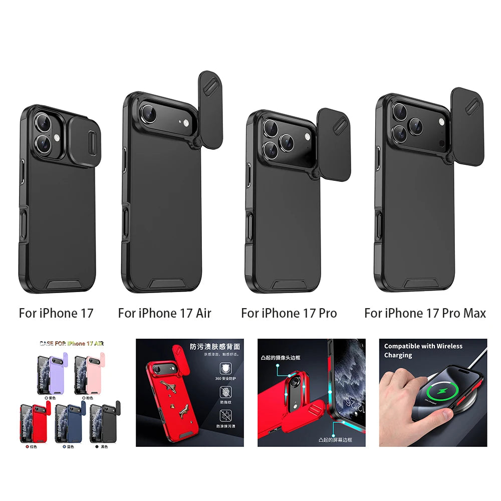 Shockproof Case For iPhone 15 14 13 12 11 16 17 Pro Max 15 Plus 16E Cover Slide Camera Protective Cases For iPhone 17 Air 17Pro