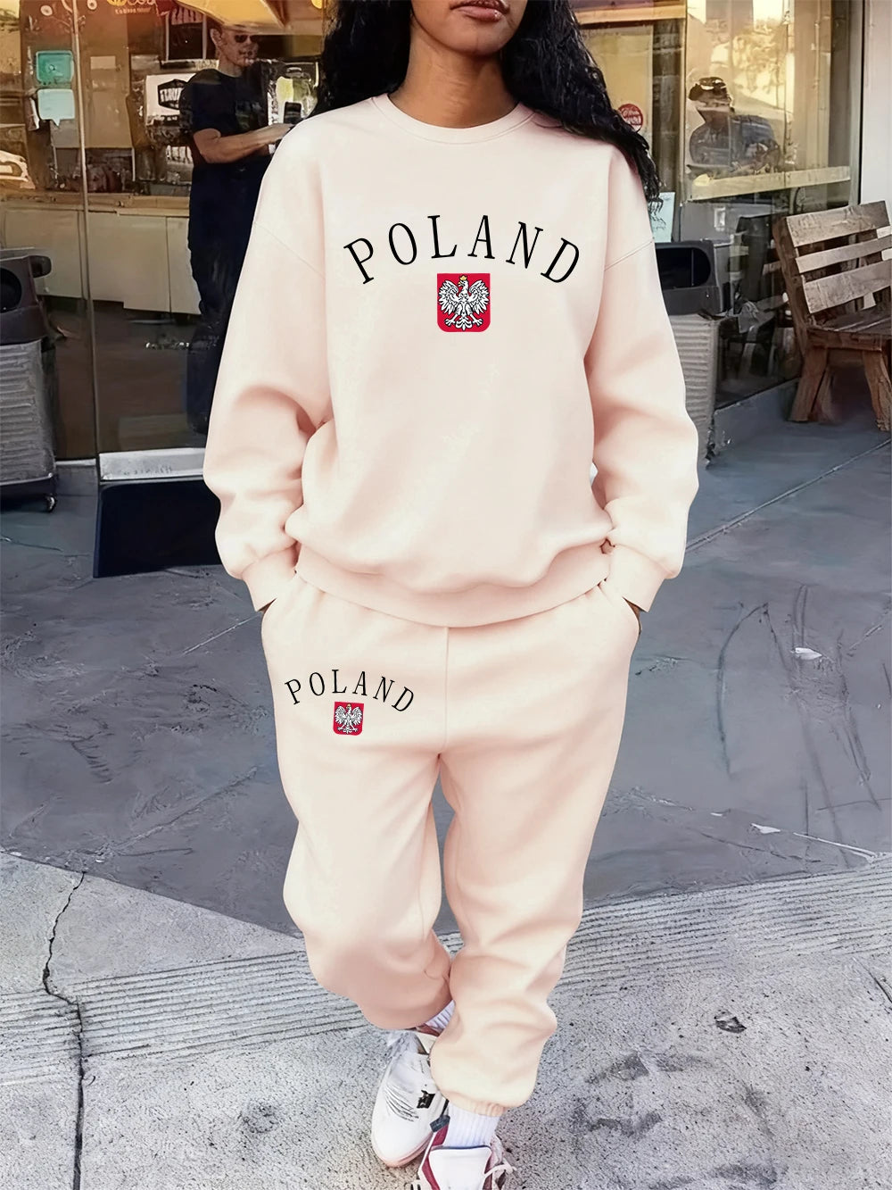2 Pcs Hoodie Set Womens Poland Letter Print Sweatpants Sporty Pocket Loose Sweatshirt Jogging Outfits Autumn Fleece Warm Clothes