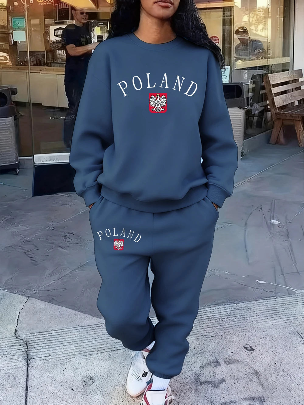 2 Pcs Hoodie Set Womens Poland Letter Print Sweatpants Sporty Pocket Loose Sweatshirt Jogging Outfits Autumn Fleece Warm Clothes
