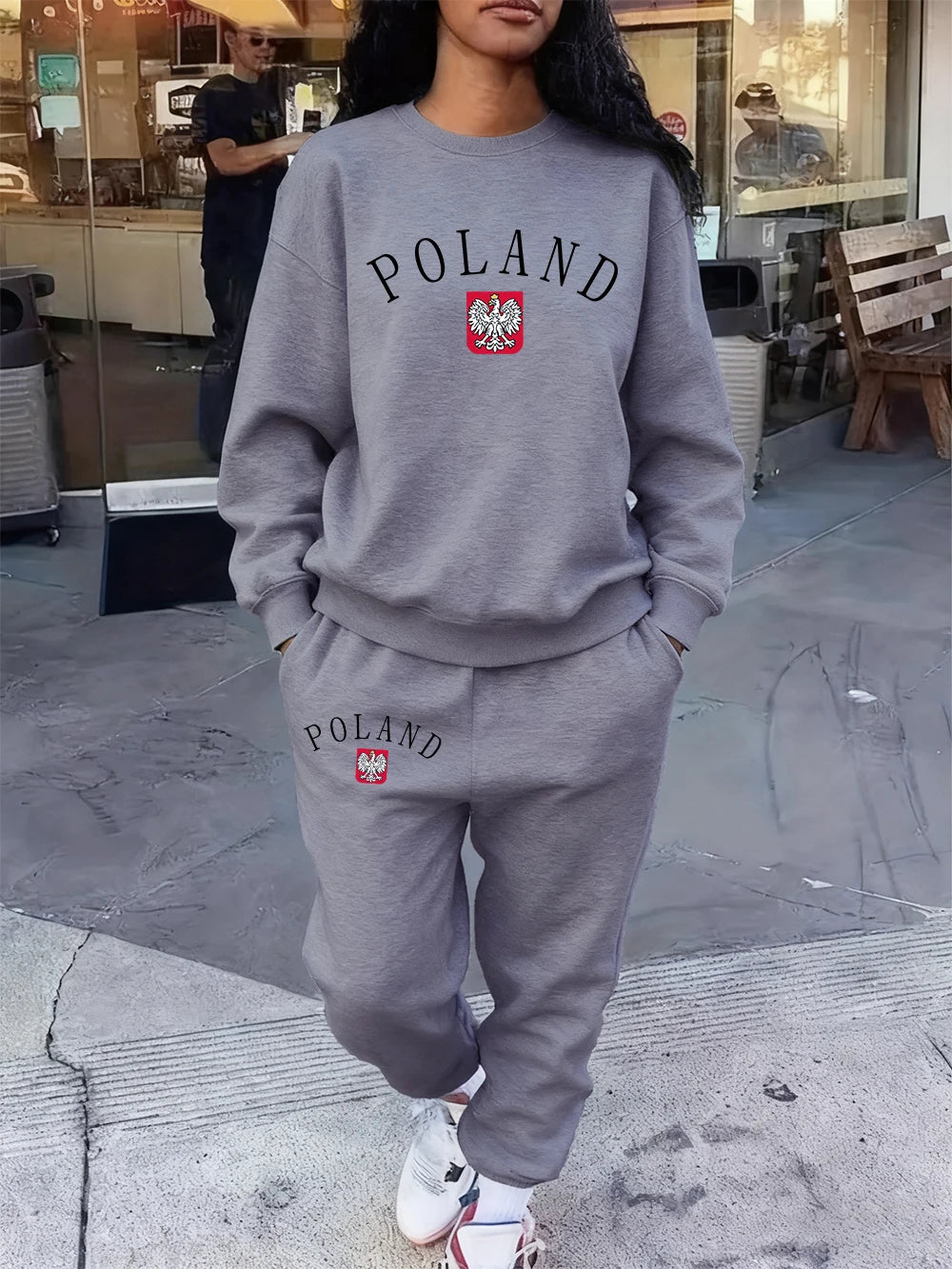 2 Pcs Hoodie Set Womens Poland Letter Print Sweatpants Sporty Pocket Loose Sweatshirt Jogging Outfits Autumn Fleece Warm Clothes